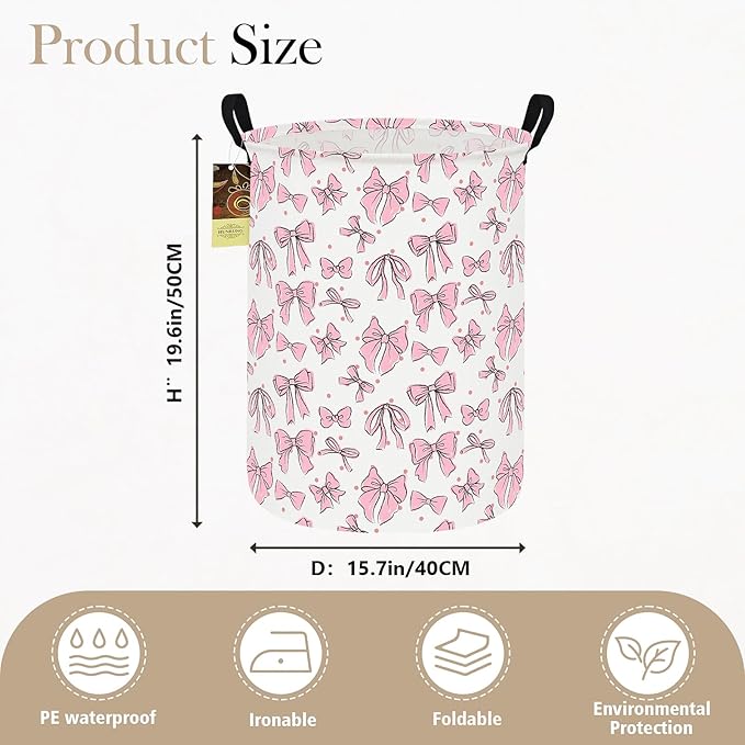 HUNRUNG Collapsible Fabric Storage Basket, Waterproof Laundry Hamper with Handles, Round Storage Bin for Clothes Toys, Foldable Organizer for Bedroom Nursery Bathroom(Round-Pink Bow)