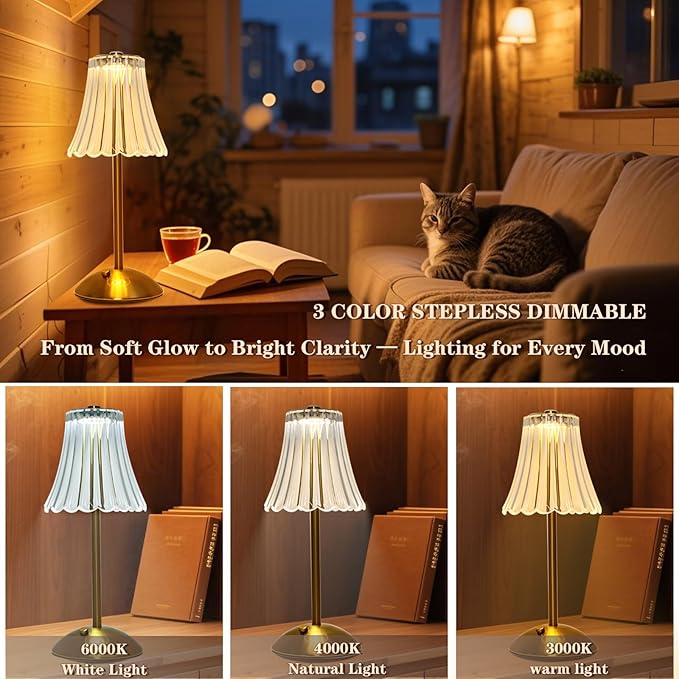 Crystal Table Lamp, 5000mAh Rechargeable Lamp with Touch Control, 3 Color Temperatures, Dimmable Brightness, Matte Aluminum Light for Bedroom/Bar/Kitchen/Outdoor (Retro Golden, Large-2Pc)
