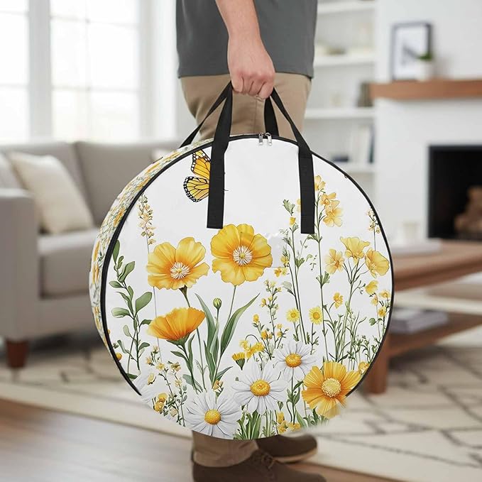 Spring Flower Round Storage Bag 36 Inch, White Yellow Floral Daisy Butterfly Flower Field Clothes Storage Container with Handles Heavy Duty Organizer for Comforter, Bedding & Holiday Wreaths