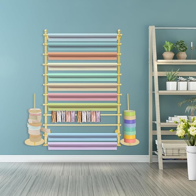 12-Layer Ribbon Holder Organizer Rack Wall Mounted Wrapping Paper Storage Rack Ribbon Dispenser Holder Wrapping Station Display Racks for Craft Room Florist Cake Shop(Gold)