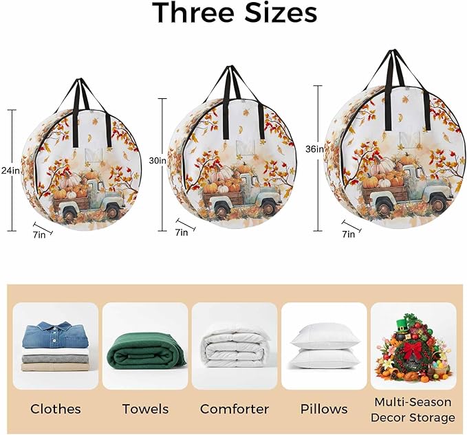 Thanksgiving Pumpkin Round Storage Bag 30 Inch, Truck Fall Maple Leaves Clothes Storage Container with Handles Heavy Duty Organizer for Comforter, Bedding & Holiday Wreaths
