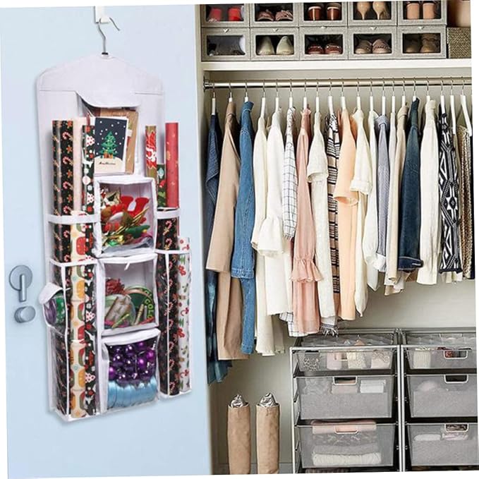 Wrapping Paper Storage Bag, Christmas Wrapping Paper Organizer 37.40x5.51 Inch Large Capacity Wall Hanging Double-Sided Transparent with 10 Pockets Space-Saving Rear Storage Bag with Zipper