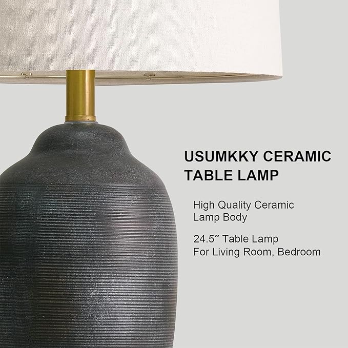 USumkky 24.5" Vintage Ceramic Table Lamp with 5FT Cord- Single Farmhouse Rustic Bedside Lamp with Natural Textured Finish, Nightstand Lamps for Living Room, Bedroom, End Table, Office Retro Black