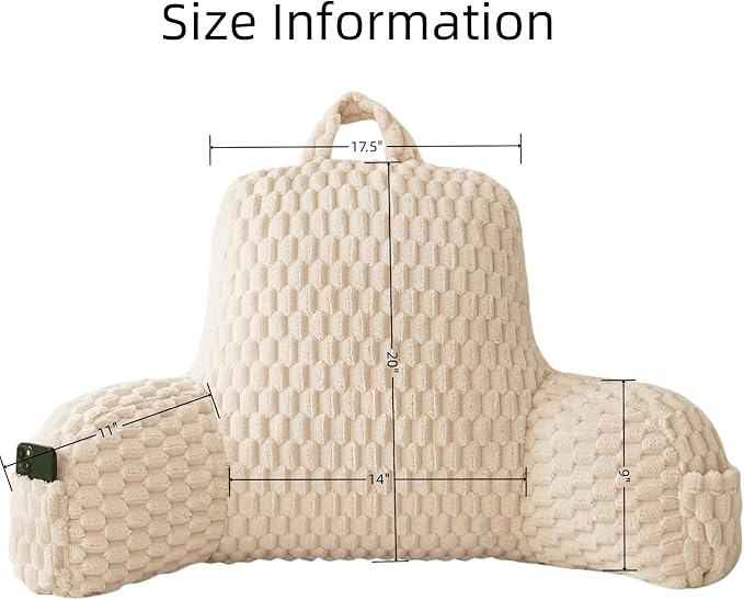 Yaoshuho Fluffy Reading Pillow for Sitting in Bed, Large Backrest Bed Pillow with Arms, Back Support Pillow for Lounging Bedrest, Beige