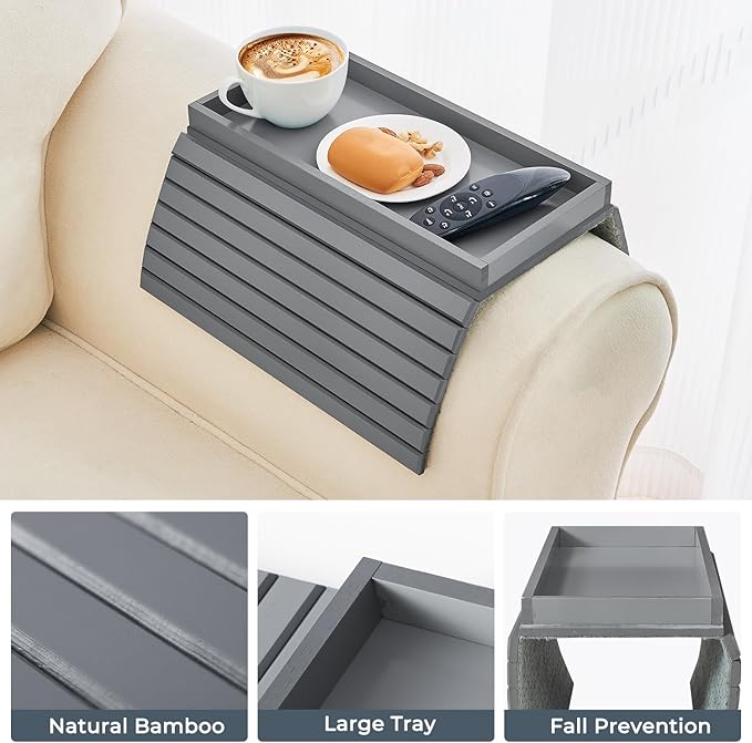 LOVYANXUE Bamboo Sofa Arm Tray, Anti Falling Couch Arm Tray Table, Foldable Couch Armrest Table, Portable Sofa Armrest Trays Cup Holder for Drink, Cups, Phone, Snacks, Remote