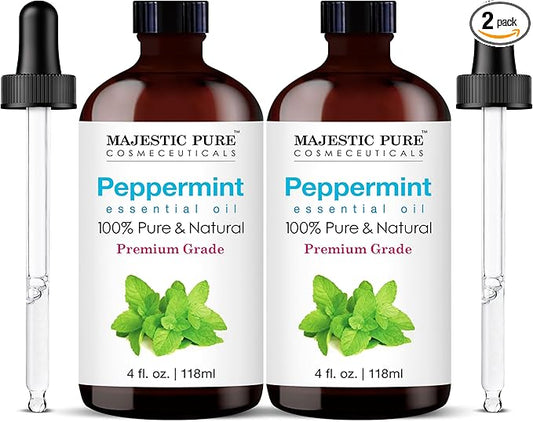 Majestic Pure Essential Oil with Glass Dropper - 100% Pure and Natural - Essential Oils for Diffuser, Aromatherapy, Soap and Candle Making, Peppermint Essential Oil, Peppermint Oil, 4 Fl Oz Pack of 2