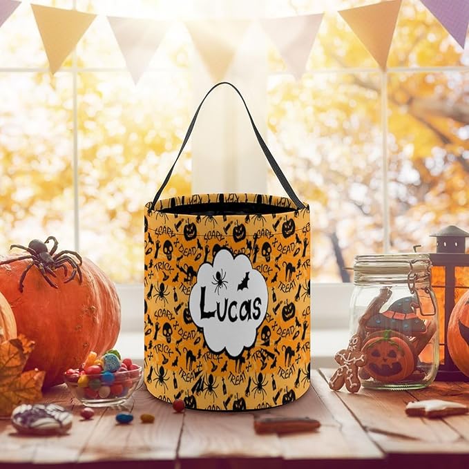 Personalized Halloween Trick or Treat Candy Bag with Name Custom Text Party Tote Bucket Halloween Candy Basket Gift (Bag-1)