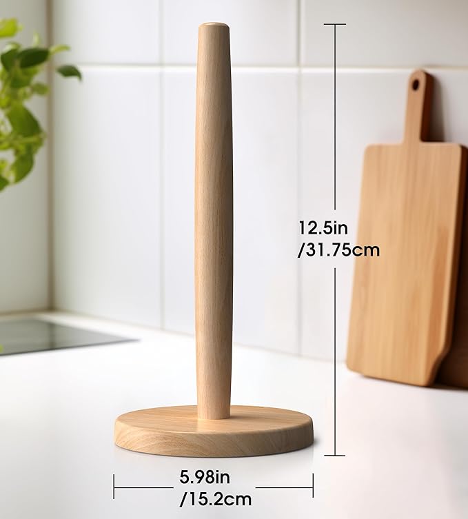 Wooden Paper Towel Holder for Countertop, Solid Beech Wood Stand with Wider Non-Slip Base, Fits Standard and Jumbo Rolls, Easy Assembly, Farmhouse Kitchen Paper Towel Dispenser