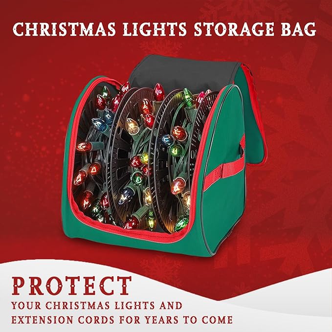 Premium Christmas Light Storage Bag – Heavy-Duty 600D Tear-Proof Material with Reinforced Handles – Includes 3 Reels, Stores up to 375 Ft of Mini Lights & Extension Cords – Green with PVC Lining