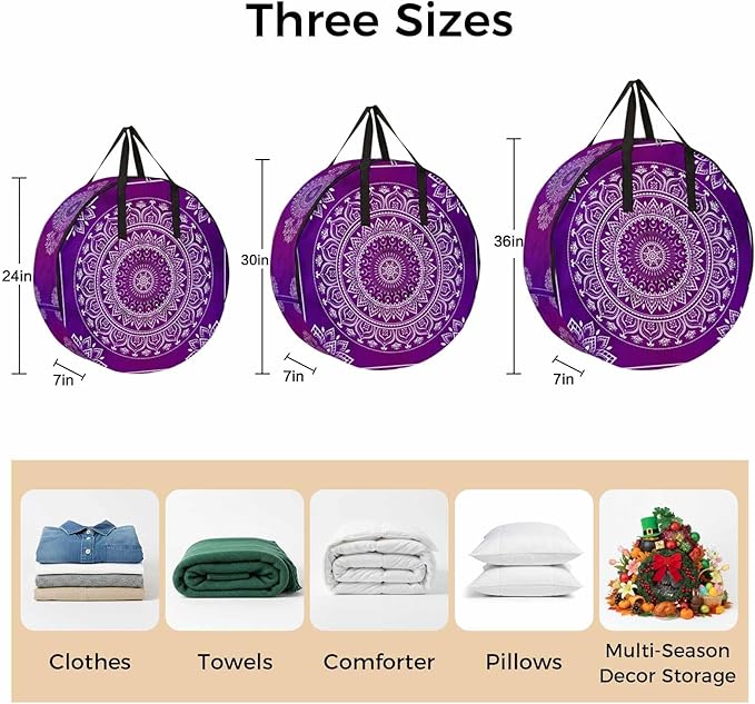 Storage Bag Purple Boho Round Storage Totes Bins Closet Organizers with Zippers & Handle Gorgeous Bohemian Flower Clothes Storage Container for Bedroom Dorm Space Saving Packing Supplies Moving Bags