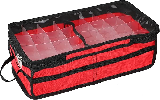 Ornament Storage Box Under Bed 64 Cell Partition 600D Oxford PVC Transparent Window 61x30.5x15cm (Red)