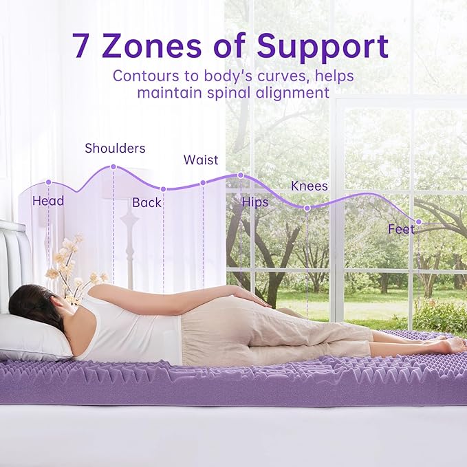 MUXHOMO 3.9 Inch 7-Zone Full Mattress Topper, Egg Crate Memory Foam Mattress Topper Full Size for Back Pain, Lavender Cooling Gel Infused Bed Pad, CertiPUR-US and Oeko-TEX Certification (54"×75")