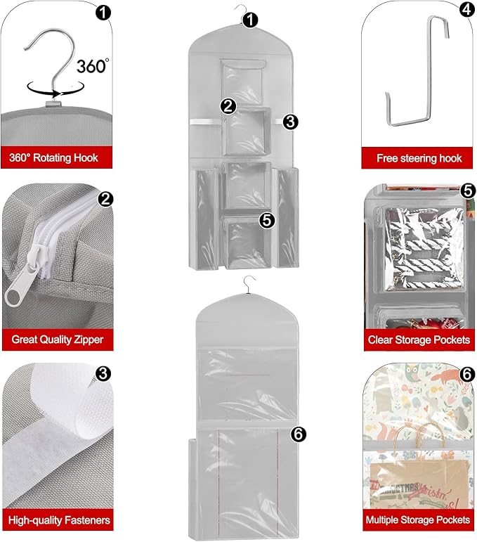 Woodoulogy Hanging Gift Wrapping Paper Storage, 40"X17" Grey Double-Sided Christmas Wrapper Bag Container, Oxford Craft Roll Organizer, Present Wrap Holder for Bedroom Closet, Door, Cabinet