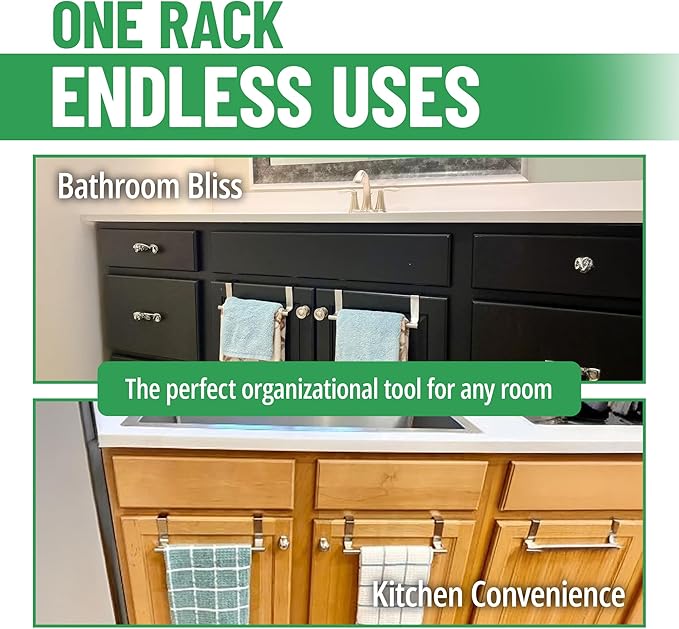 Evelots Towel Hook, Bar Over Cabinet Door - Kitchen, Bathroom - 2 Pack- Hand, Dish Towel Rack Holder - Inside or Outside Door - Brushed Stainless Steel - No Rust - No Scratch - No Installation