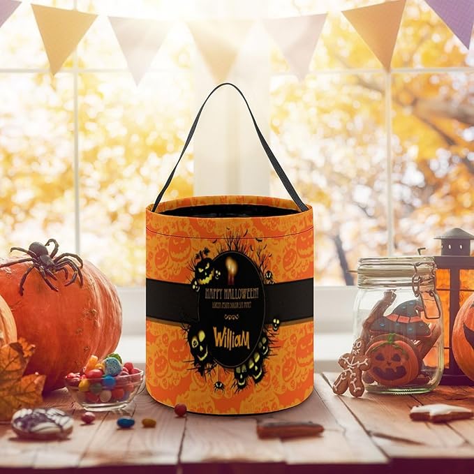 Personalized Halloween Trick or Treat Candy Bag with Name Custom Text Party Tote Bucket Halloween Candy Basket Gift (Bag-5)