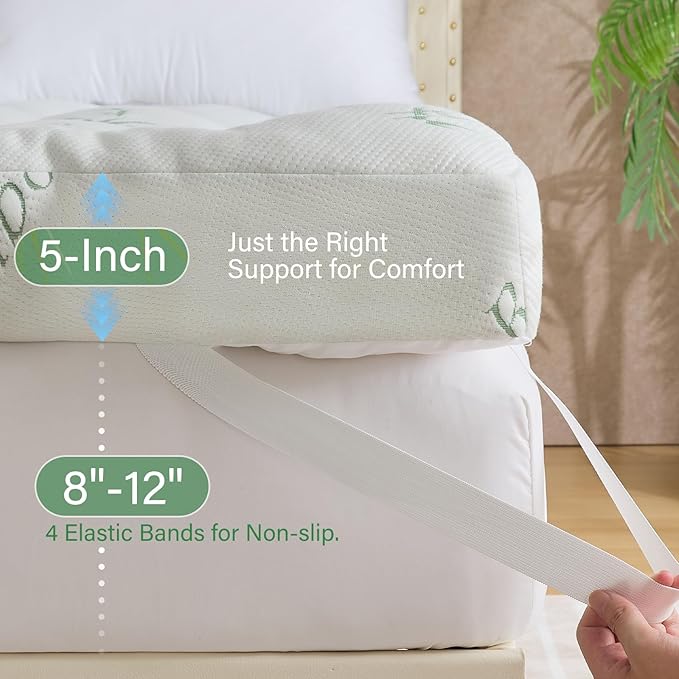WhatsBedding 5 Inch Memory Foam Mattress Topper Twin Size, Viscose Made from Bamboo, Breathable Air Layer, Soft Thick Pillow Top Mattress Topper for Back Pain, 75x39x5in