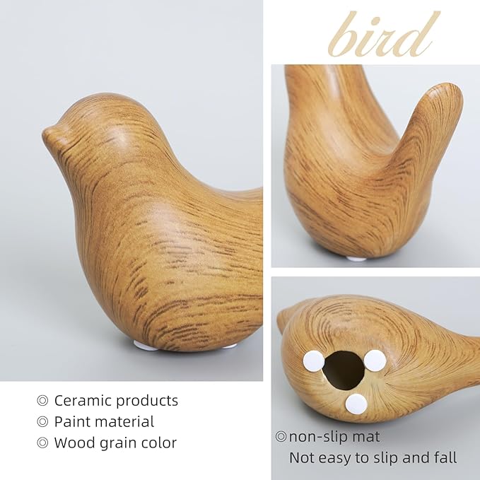 Elegant Wood Look Small Bird Sculptures,Modern Abstract Art Pieces for Bookshelf Decor, Coffee Table Decor, and Luxury Home Decor Accents(2Pcs Set)