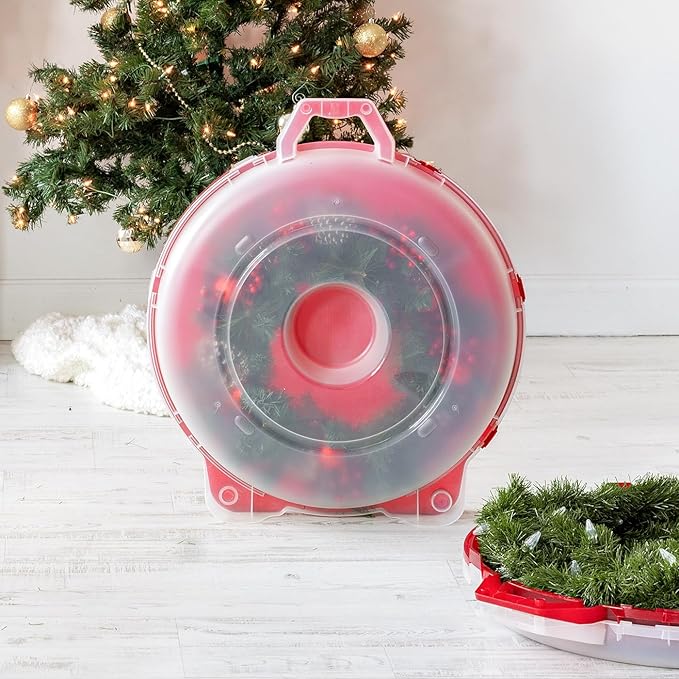 IRIS USA 24" Wreath Storage Container With Latches and Handle, 2 Pack, For Holiday Garland/Wreath, Holiday Decorations, and Heavy Duty, Portable, High Protection, and Space Saving Storage, Clear/Red