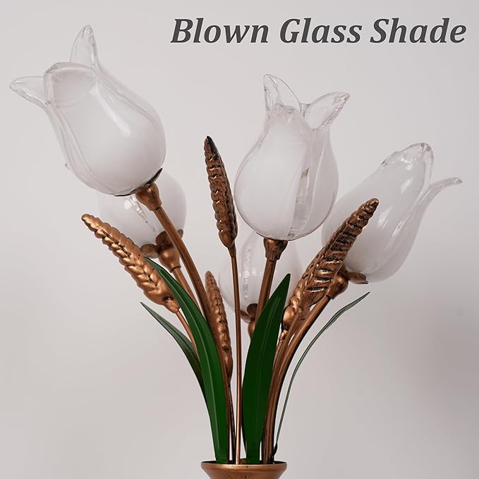Skyblaze Classic Style Table Lamp with Flower Glass Shade, Elegant Flower Night Light, Art Deco Accent Table Lamp for Bedroom Living Room (White, 5 Lights)