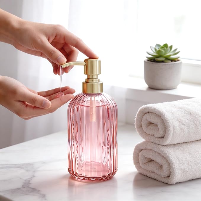 16 OZ Pink Glass Soap Dispenser,Clear Pink Stripe Bathroom Hand Soap Dispensers with Stainless Steel Gold Pump, Pink Kitchen Hand Soap Dispenser with Brushed Gold Pump