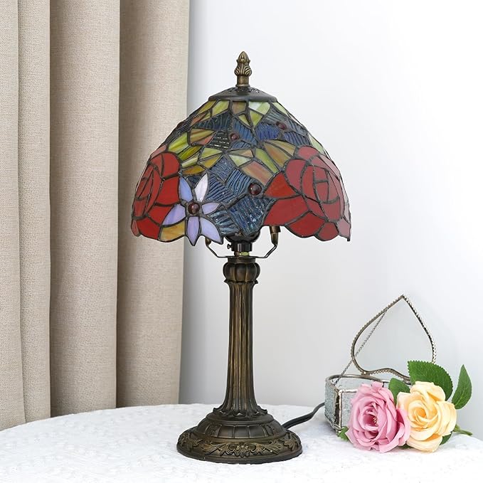 Tiffany Lamp Bedside Table Lamp-Nightstand,Stained Glass Lamp for Bedroom Dorm Living Kitchen, Aesthetic Cute Home Decor Gift (Rose)