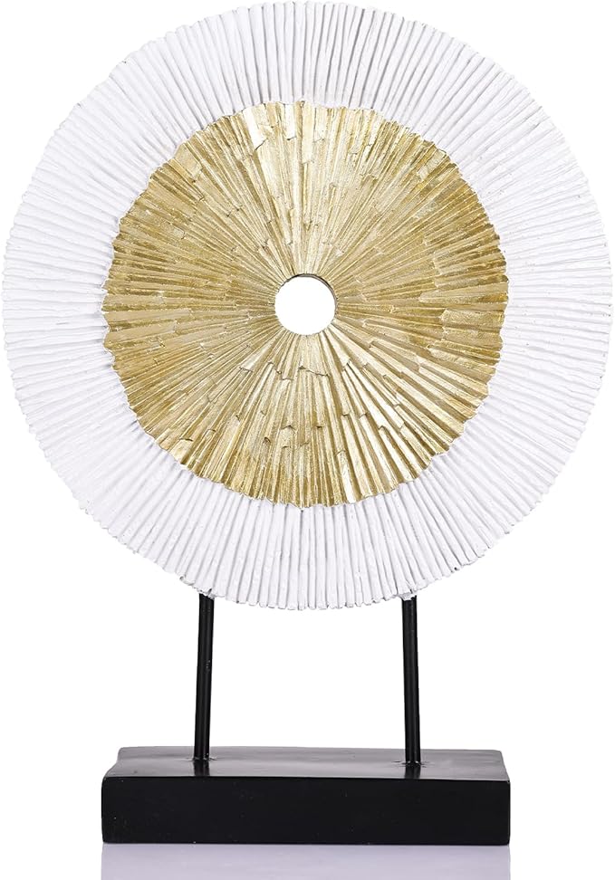 12" Tall Abstract White Gold Round Sculpture - Unique Home Decoration for Above Cupboard Decor, Living Room Coffee Table, Console, Office, Entrance, Table Centerpieces (White Gold)