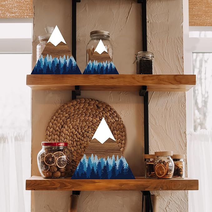 Maitys 3 Pcs 3 Size Mountain Shelf Decor Mountain Wooden Sign Farmhouse Wood Forest Sign Woodland Nursery Decor Travel Adventure Table Centerpiece for Home Farmhouse(Blue)