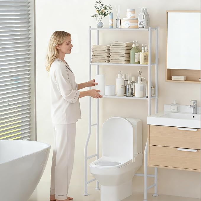 GloTika 3-Tier Over Toilet Storage Rack, Metal Over Toilet Bathroom Organizer Shelf, Freestanding Space Saver Storage Shelves for Bathroom/Laundry/Living Room (White)