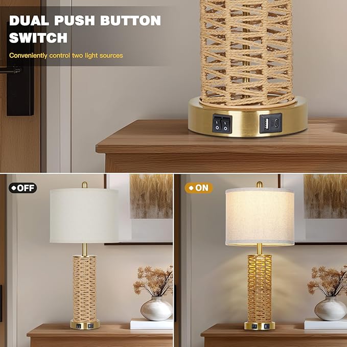 CINSARY 27" Natural Rattan Table Lamps Set of 2, Boho Bedside Lamp for Bedroom with Night Light, Woven Wicker Nightstand Lamps with 2 USB Ports & AC Outlet, Tall Farmhouse Living Room Lamp, Gold