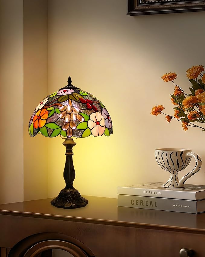 Table Lamp Hand-Made Grape Rose Stained Glass Table Lamps Bedside Nightstand Lamp for Bedroom, Living Room, Home Office Desk Lamp,Home Deco Art, W/LED E27 Bulb,12X12X18Inch