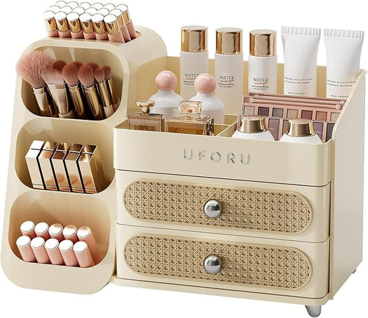 Makeup Organizer for Vanity with Brush Holder, Large Plastic Bathroom Countertop Skincare Organizer with 2 Drawers, Spacious Cosmetic Display Case for Perfumes, Eyeshadow Palettes, Nail Polishes
