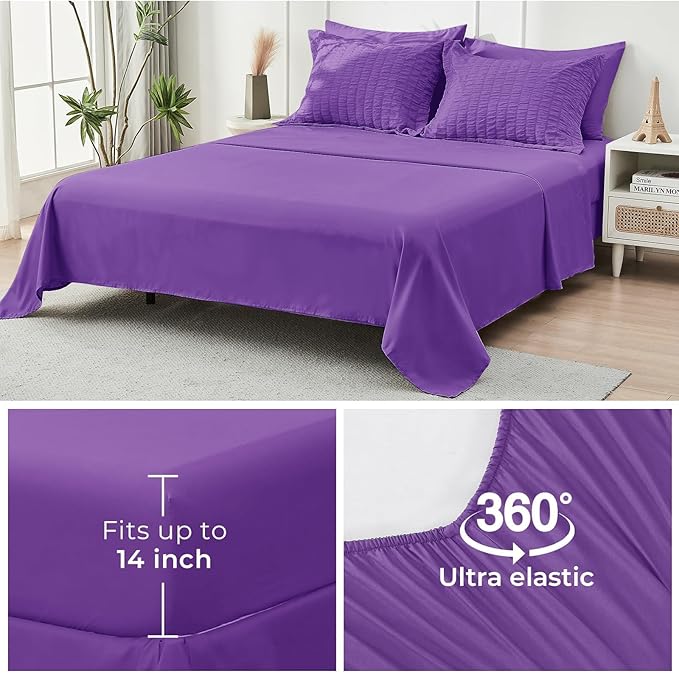 HYMOKEGE Bright Purple King Size Comforter Set Seersucker 7 Pieces, All Season Luxury Bed in a Bag for Bedroom, Bedding Set with Comforter, Sheets, Pillowcases & Shams