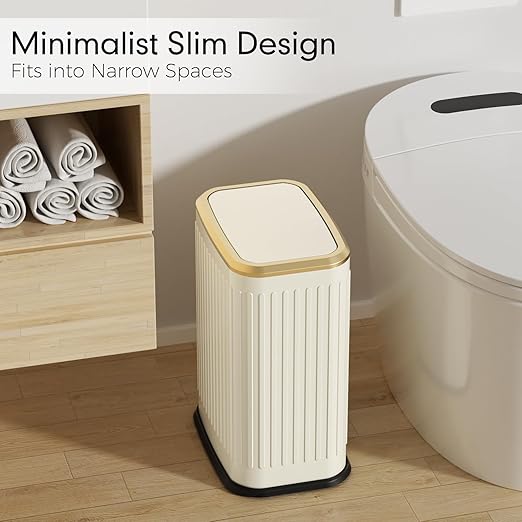 Bathroom Trash Can with Lid 8L/2.1 Gallon Beige Trash Can Small Garbage Can with Swing Top Lid Slim Stainless Steel Garbage Can with 100 Counts Trash Bags for Bathroom Bedroom Kitchen Office Toilet