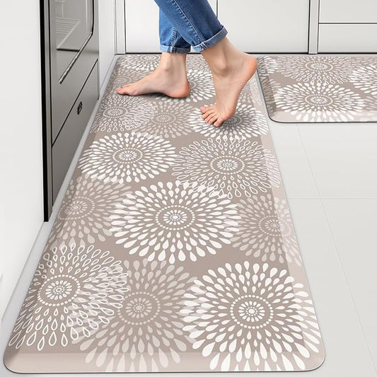 LuxStep Kitchen Mats for Floor,0.47 inch Thicker Cushioned Rug Anti-Fatigue Mats for Kitchen Decor Accessories,Waterproof Non-Slip Mats and Rugs Set for Office,Laundry 17.3"×29"+17.3"×47",Khaki