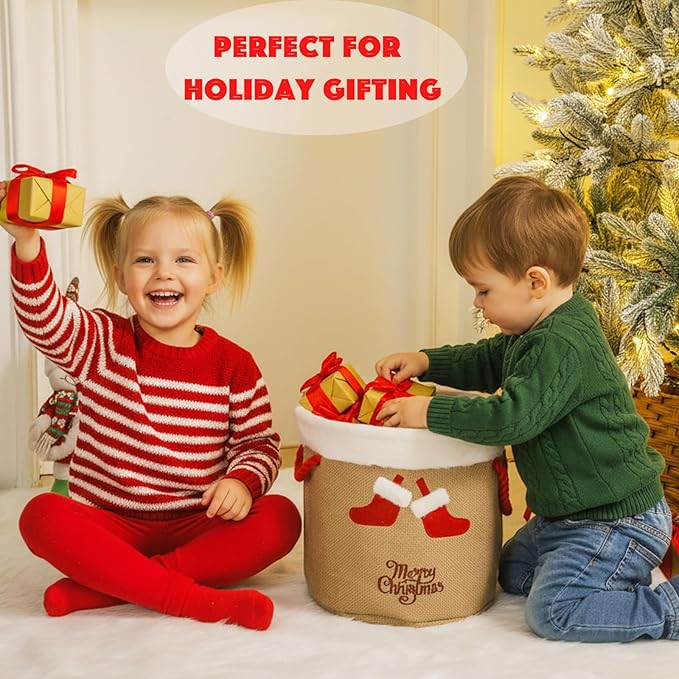 Christmas Bucket Xmas Buckets Jute Ornaments Storage Basket for Christmas Game Organizer Tin with Handles, Gift Basket Empty Decorative Kitchen Candy Bars for Xmas Winter Holidays Party Favors