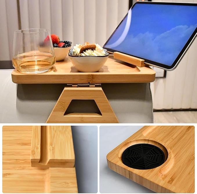 Bamboo Sofa Arm Tray Table, Foldable Couch Armrest Table with Cup Holder & 360° Phone Holder, Portable Snack Tray for Remote, Drinks, Food - Fits Most Sofa Arms.
