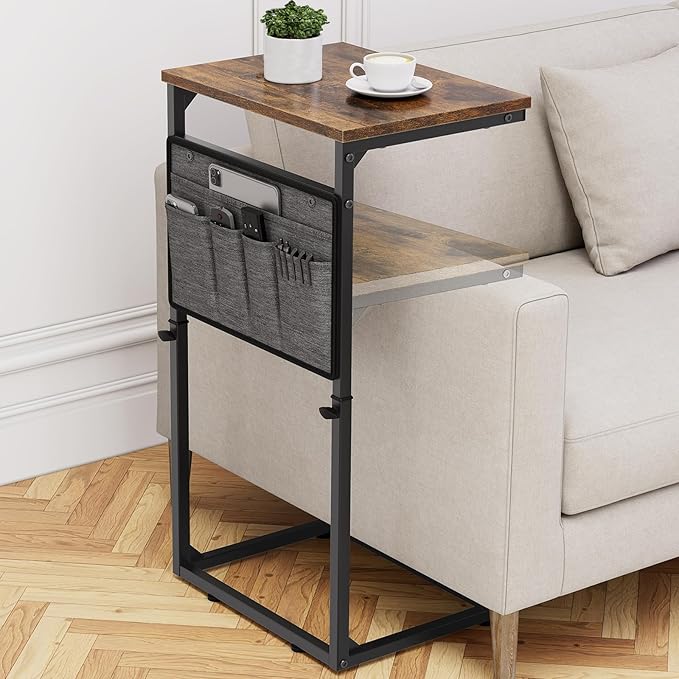 Vagusicc C Shaped End Table, Small Side Table for Couch, Adjustable Height Sofa Table with Metal Frame for Living Room, 33'' Tall Side Table for Couch, Bedroom, Bedside, Rustic Brown and Black