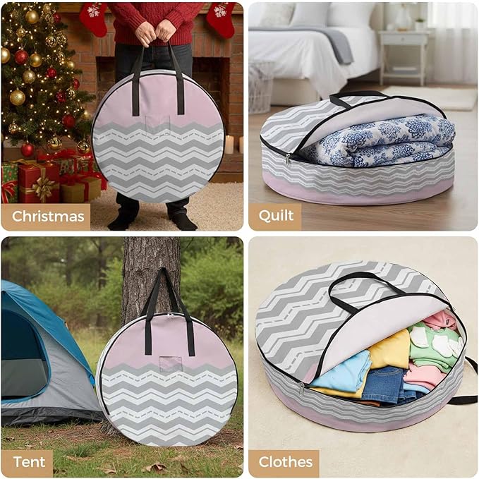 Storage Bag Pink Grey Waves Round Storage Totes Bins Closet Organizers with Zippers & Handle Chevron Stripe Clothes Storage Container for Bedroom Dorm Space Saving Packing Supplies Moving Bags