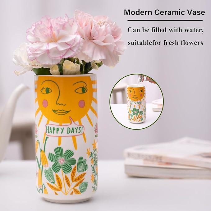 MOUGIGI Cute Small Ceramic Flower Vase-Colorful Boho Unique Round Design with Lively Smiley Patterns-Dopamine Decor Multi Use as Makeup Brush Holder, Pencil Pen Cup-Perfect for Weddings, Mother's Day