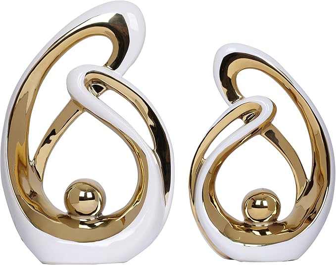 2 PCS White Gold Decor Accent Ceramic Statue White Mid Century Modern Home Decor Accents Sculpture Decorations Centerpieces for Living Room Bookshelf Shelf Coffee Table Kitchen Office Dining Table