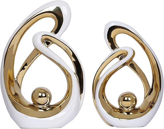 2 PCS White Gold Decor Accent Ceramic Statue White Mid Century Modern Home Decor Accents Sculpture Decorations Centerpieces for Living Room Bookshelf Shelf Coffee Table Kitchen Office Dining Table