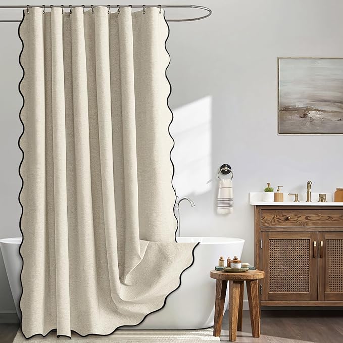 MIULEE 84" Long Scalloped Shower Curtain Linen Textured with 12 Metal Hooks Cute Extra Long Heavy Duty Washable Waterproof Cloth Shower Curtains with Black Border for Bathroom Hotel Bathtub,Natural