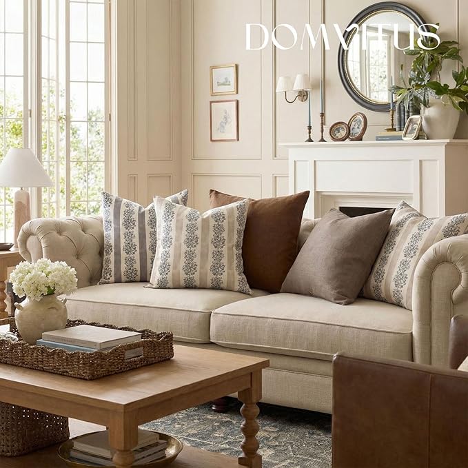 DOMVITUS Floral Throw Pillow Covers 18x18 Inch Set of 2, Block Print Decorative Pillow Covers Vintage Striped Neutral Farmhouse Boho Home Decor for Couch Sofa Bed Living Room, Neutral