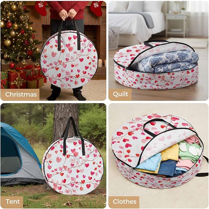 Valentine's Day Round Storage Bag 24 Inch, Romantic Watercolor Red Gradient Love Heart Tree Clothes Storage Container with Handles Heavy Duty Organizer for Comforter, Bedding & Holiday Wreaths