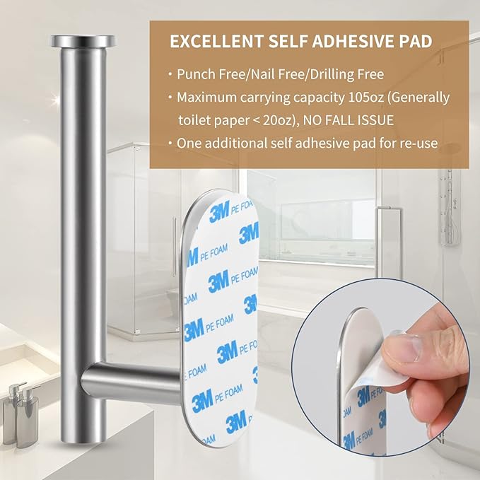 LAYUKI Toilet Paper Holder,Adhesive,Matt Black,Wall Mount,Toilet Paper Roll Holder,no Drilling,Bathroom/Rv/Washroom, SUS 304 Stainless Steel, Rustproof (Black, 1 Piece)