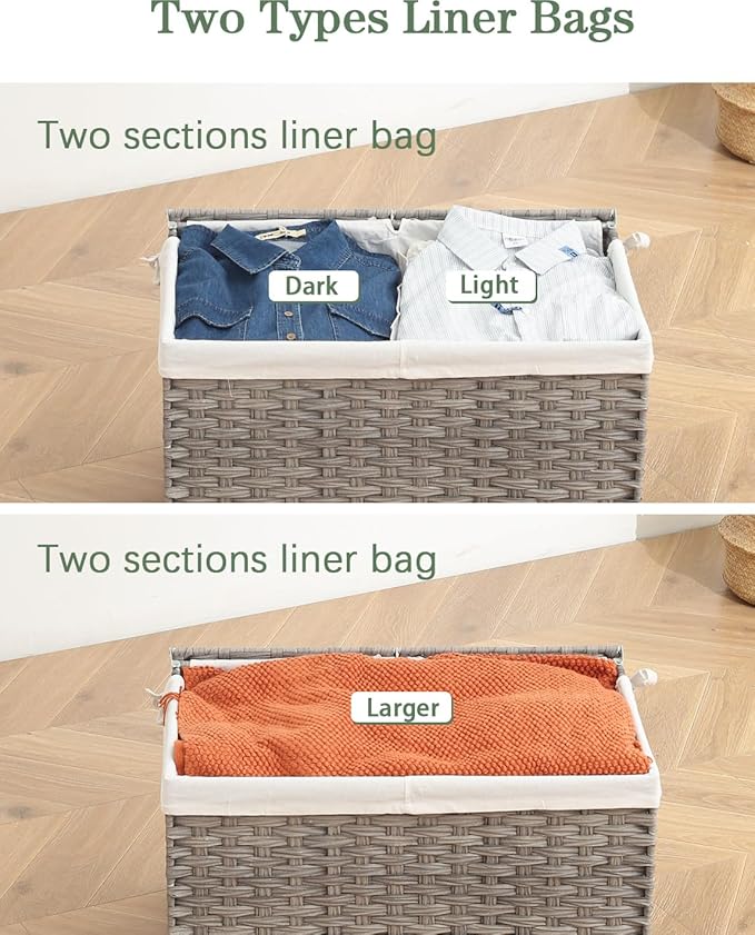SETVSON Storage Basket with Lid Wicker Baskets for Storage with 2 Separate Lid 42.3 Gallon (160 L) 29.9 x 17.3 x 18.1 Inches Rattan Woven Large Wicker Basket with 2 Liners for Bedroom Laundry Gray