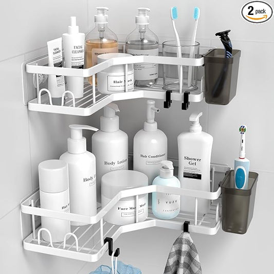 AKTECKE Shower Caddy Corner Organizer Shelf: 2Pack Adhesive Shower Essentials Accessories - No-Drilling Stainless Steel Bathroom Storage Rack with Hooks and Toothpaste Holder