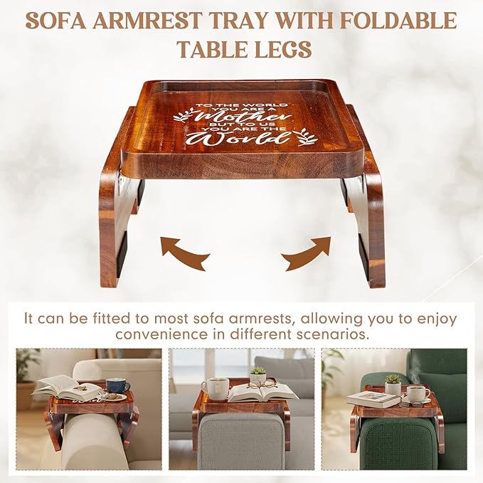 Kathfly Birthday Gifts for Mom, Mothers Day Gift 13.75" x 9.5" Couch Arm Table, to The World You Are a Mother But to Us You Are The World, Wooden Sofa Arm Tray, Mothers Day Gifts from Son Daughter