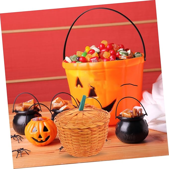 LABRIMP Woven Pumpkin Shaped Decorative Storage Basket with Lid Multi Purpose Organizer for Candy Eggs Sundries and Fruit for Home and Desktop Use