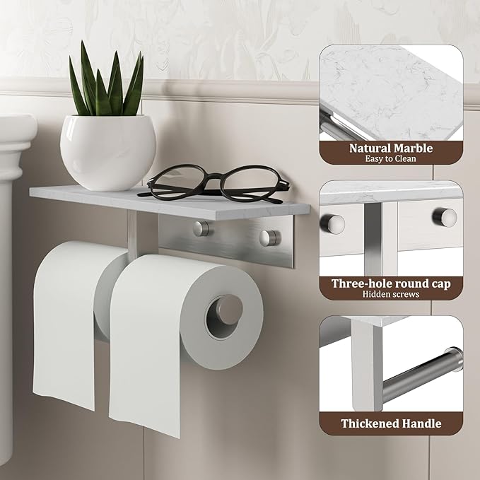 BWE Double Toilet Paper Holder with Shelf, Wall Mounted Tissue Roll Holder for Bathroom, Commercial Toilet Paper Dispenser, Marble Toilet Paper Storage Holder with Phone Shelf (Brushed Nickel)